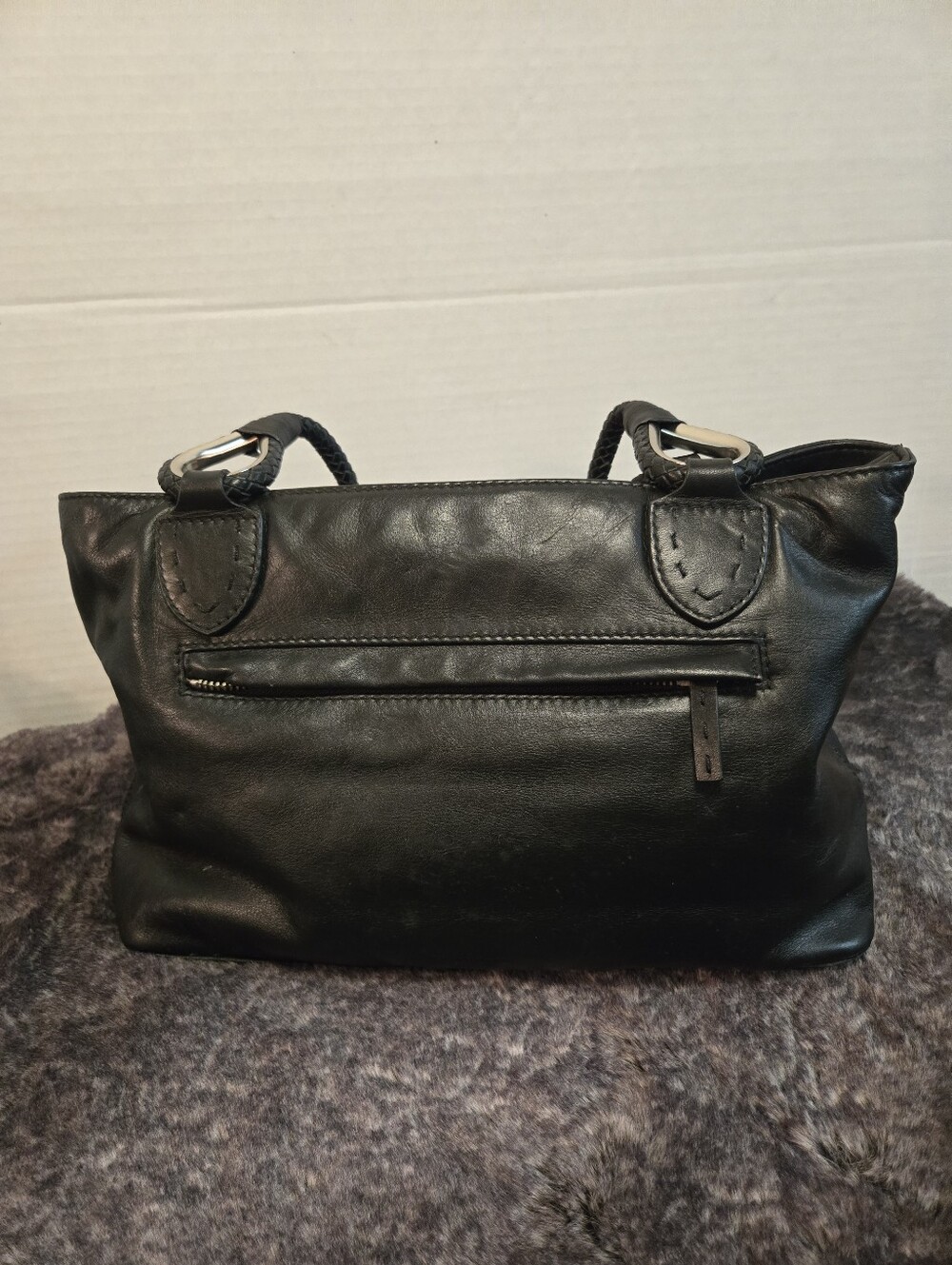VIA SPIGA Black Leather Braided Handle Whipstitch Accent Shoulder Hobo Bag